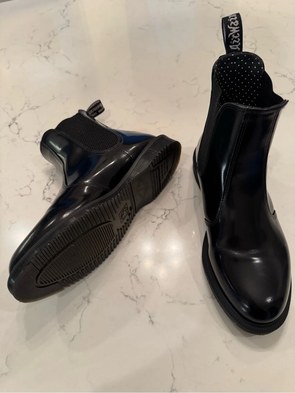 Dr. Martens Black Patent Chelsea Booties with Branded Pull Tabs